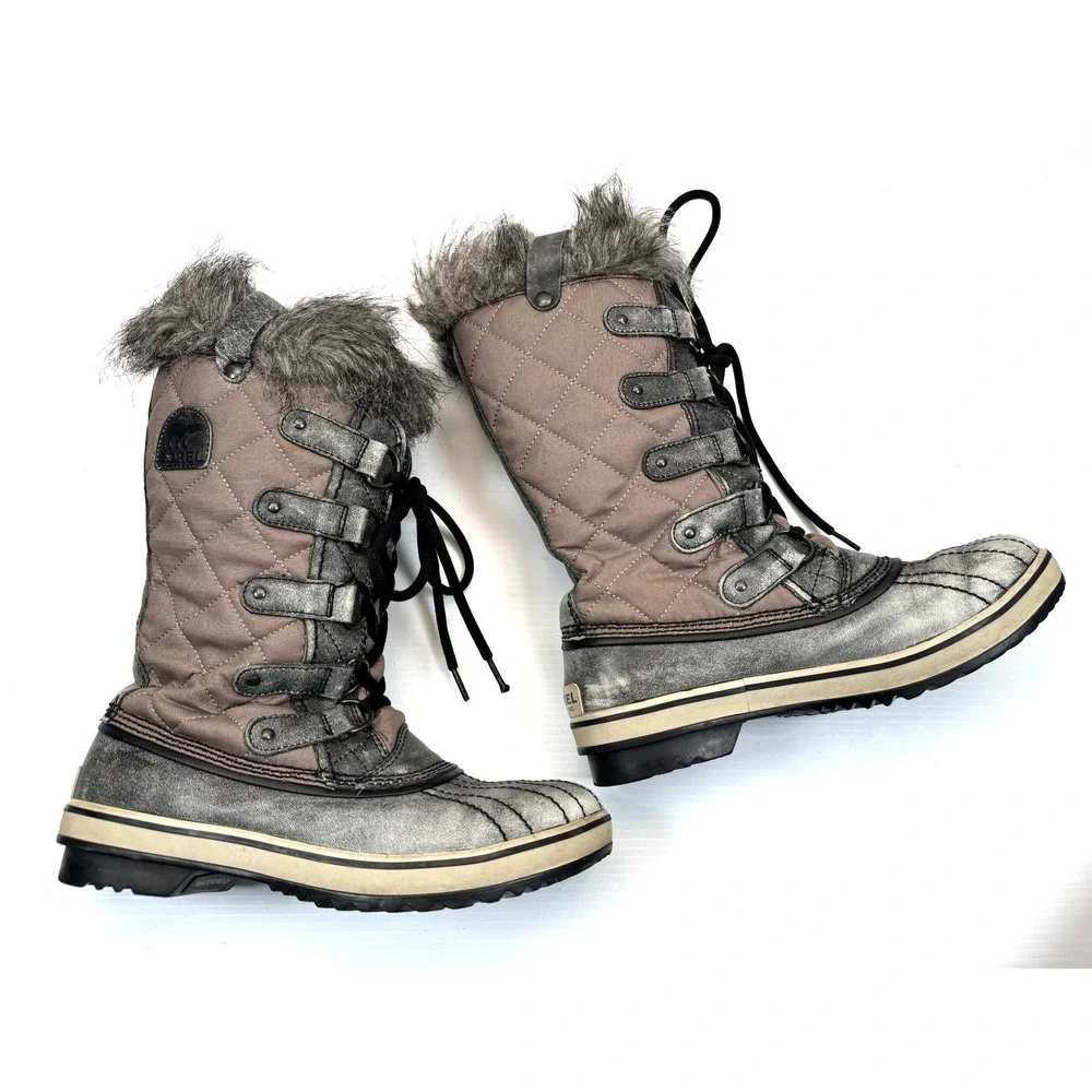 Sorel Tofino Snow Boots Women 8 Leather Waterproof Faux‎ Fur Trim Lace-up Gray